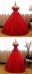 A Line Red Ball Gown Tulle Off Shoulder Long Prom Dresses