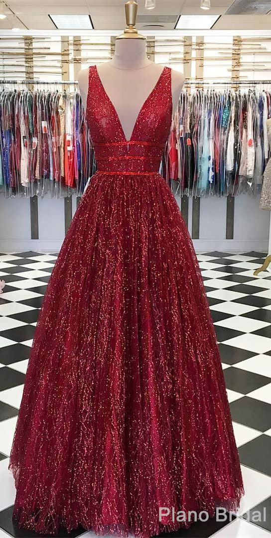 Sparkly Ball Gown V Neck Open Back Burgundy Sequins Long Prom Dresses, Unique Evening Dresses