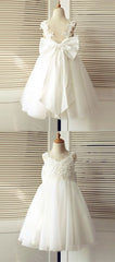 A Line V Neck Backless White Flower Girl Dress With Bow Lace