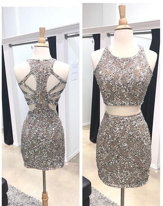 Two Piece Homecoming Dresses, Beaded Homecoming Dresses, Sheath Homecoming Dresses, Open Back Homecoming Dresses