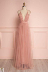 Deep V Neck Prom Dress, Blush Pink Floor Length Tulle Wedding Party Dress, Spaghetti Straps