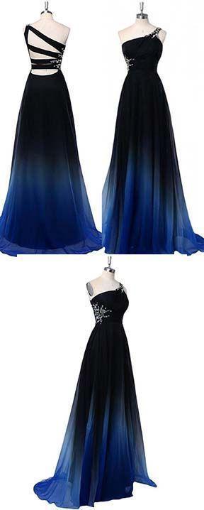 Ombre A Line One Shoulder Beading Chiffon Prom Dress, Gradient Formal Dress