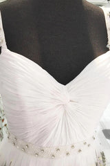 White Straps Floor Length Long Prom Dress with Lace Flowers Formal Dress