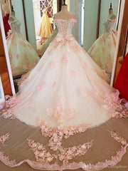 Glam Pink Flowers Tulle Off Shoulder Sweet 16 Dress, Ball Gown Formal Dress