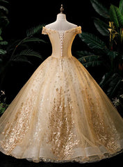 Gold Ball Gown Tulle with Lace Applique Formal Dress, Gold Sweet 16 Dress