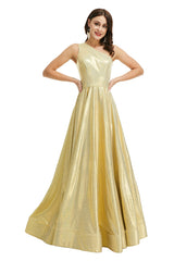 Cetim de ouro um ombro com vestidos de baile divididos