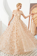 Gold Sequin Off the Shoulder A-line Floor Length Lace Prom Dresses