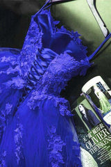 Gorgeous Blue Lace Floral Long Prom Dress, Blue Appliques Formal Evening Dress, Blue Ball Gown
