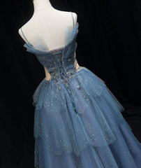 Gorgeous Blue Tulle Layers Beaded Long Wedding Party Dresses, Blue Formal Gown