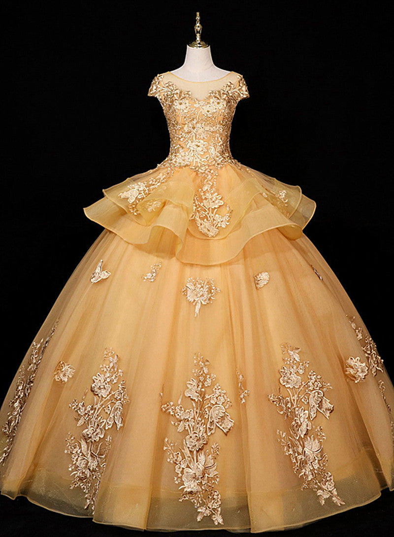 Gorgeous Champagne Ball Gown Sweet 16 Gown with Lace, Flowers Lace Formal Dresses