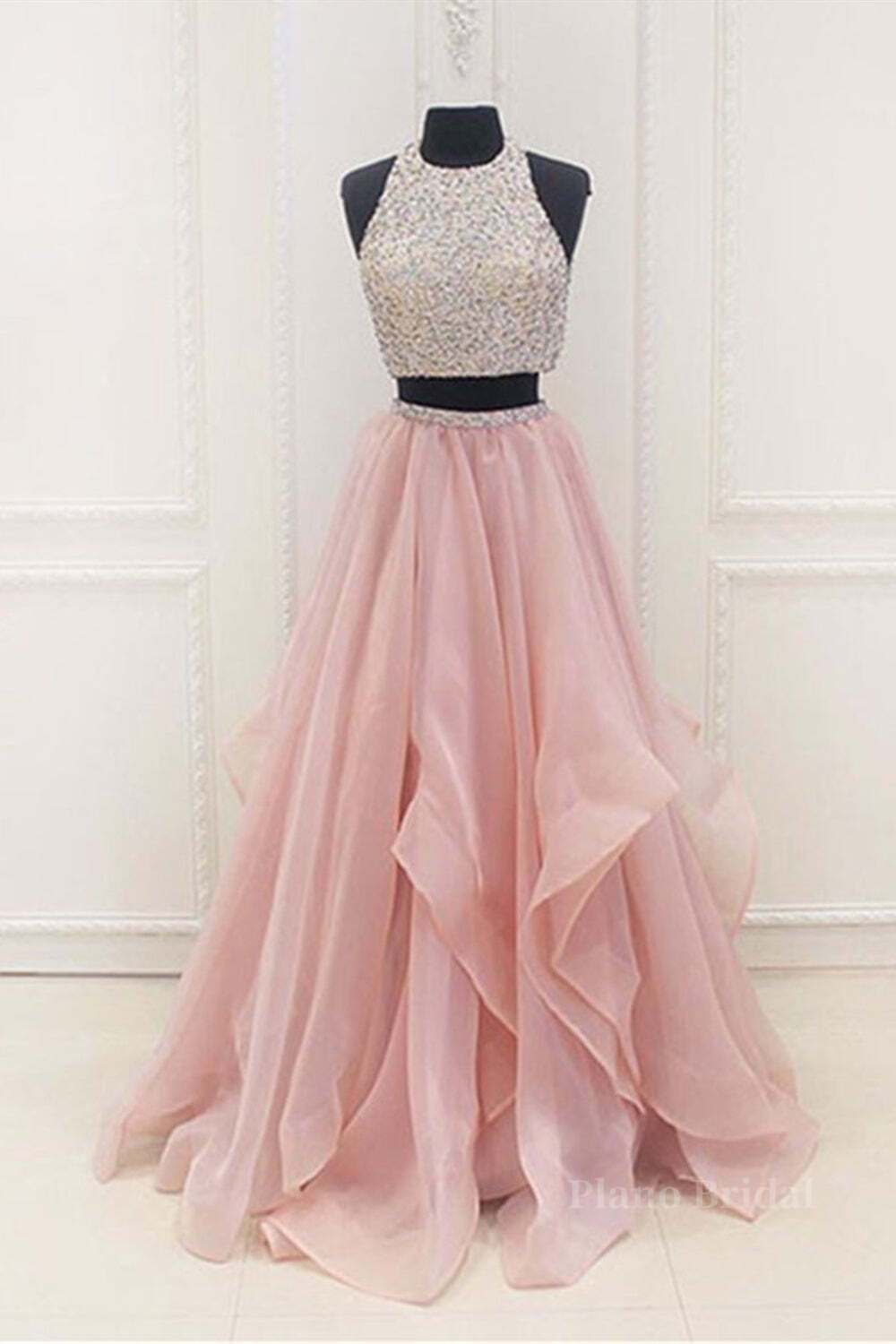 Gorgeous Round Neck Two Pieces Long Prom Dresses, 2 Pieces Formal Evening Dresses