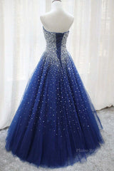 Gorgeous Strapless Blue Tulle Beaded Long Prom Dresses, Beaded Blue Formal Evening Dresses, Beaded Ball Gown