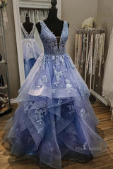 Gorgeous V Neck and V Back Blue Tulle Lace Long Prom Dresses, Puffy Blue Lace Formal Evening Dresses