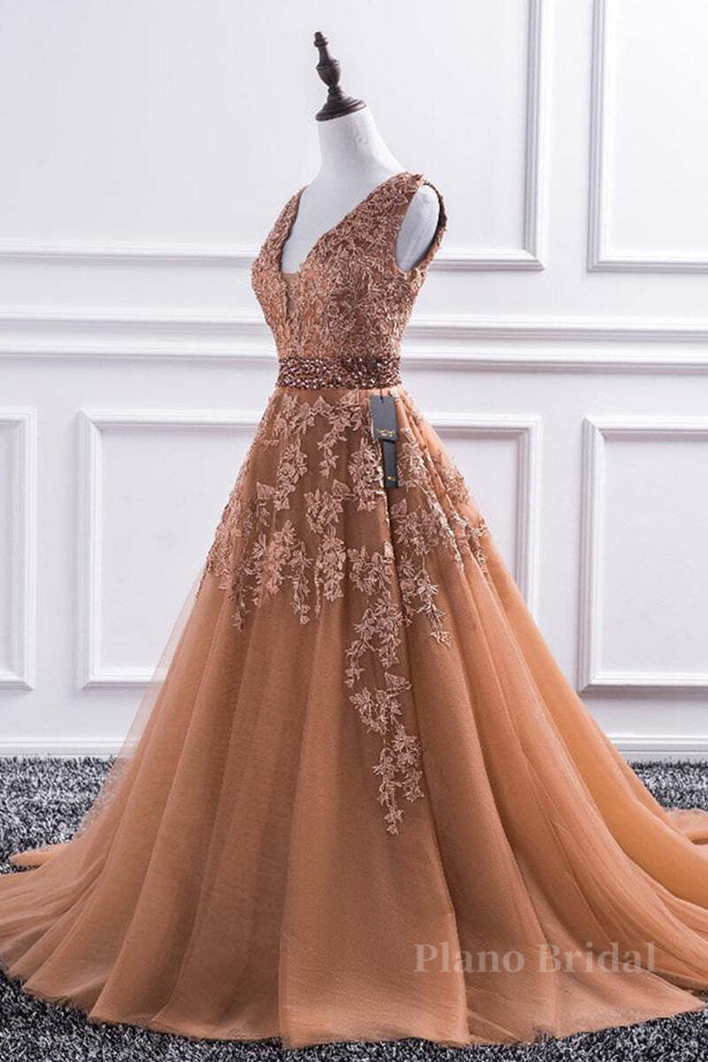 Gorgeous V Neck Champagne Lace Long Prom Dress, Champagne Lace Formal Graduation Evening Dress