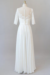 Graceful Long A-line Lace Chiffon Wedding Dress with Sleeves