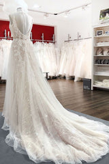 Graceful Long A-line Tulle V-neck Lace Backless Wedding Dresses