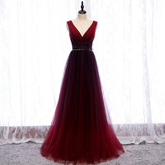 Gradient Beaded Wine Red Tulle Long Party Dress, A-line Wine Red Prom Formal Dresses