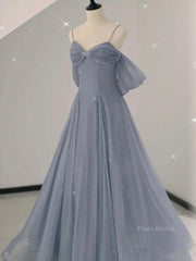 Gray A line tulle off shoulder prom dress, gray long evening dress