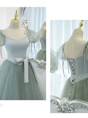 Gray Green A-Line Tulle Long Prom Dress, Gray Green Formal Dress