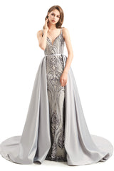 Mermaid Sequins Spaghetti Straps Prom Dresses With Detachable Train