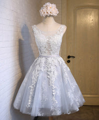 Gray Tulle Lace Applique Short Prom Dress, Gray Homecoming Dresses