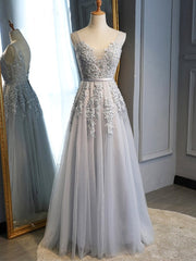 Gray Tulle with Lace Long Prom Dresses, A-line Floor Length Gray Evening Dresses, Gray Bridesmaid Dresses