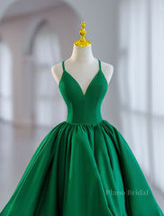 Green Ball Gown Satin Short Prom Dress, Green Satin Evening Dress