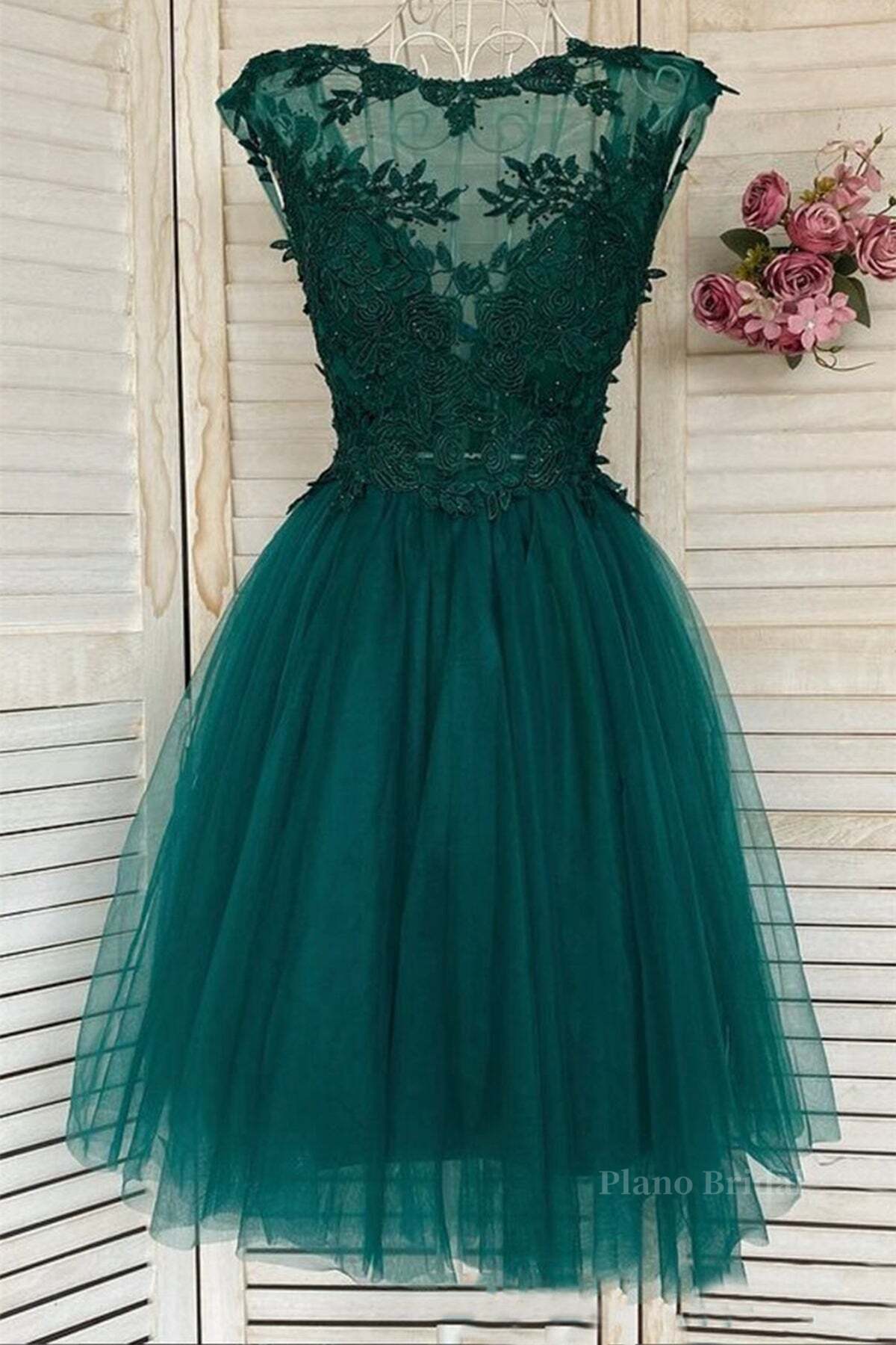 Green Lace Tulle Short Prom Homecoming Dresses, Green Lace Formal Graduation Evening Dresses