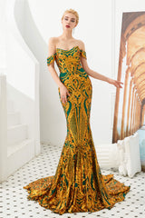 Mermaid Sequined Sheath Off Shoulde Prom Dresses with Fitted Bodice