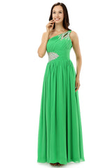 Chiffon verde de um ombro com pregas de cristal vestidos de dama de honra