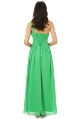 Green One épaule en mousseline avec des robes de demoiselle d'honneur de plis en cristal