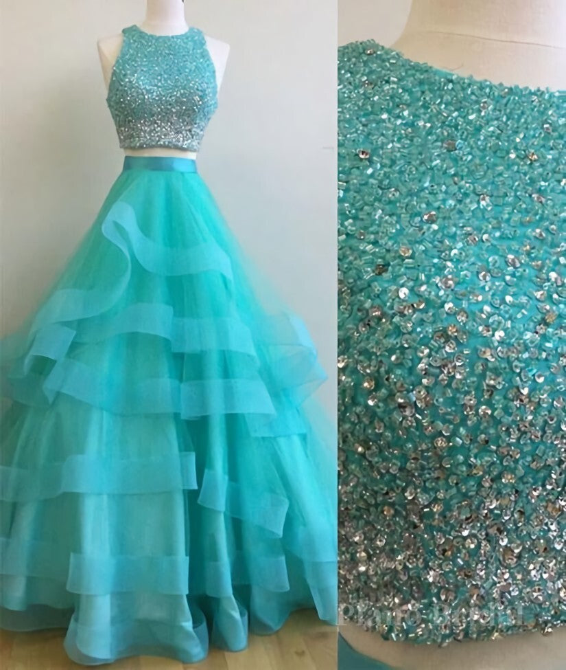 Green Round Neck 2 Pieces Beaded Sequins Tulle Long Prom Dress, Green 2 Pieces Formal Dress, Green Evening Dress