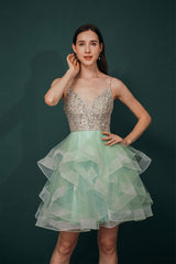 Short A-Line V Neck Tiered Shiny Beads Crystal Homecoming Dresses