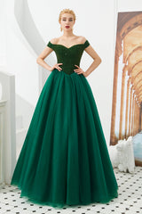 Tulle A line Off Shoulder Sweetheart Beaded Bodice Long Prom Dresses