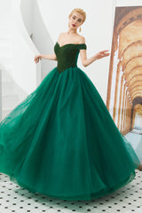 Tulle A line Off Shoulder Sweetheart Beaded Bodice Long Prom Dresses
