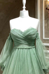Green Tulle Puffy Sleeves A-line Formal Dresses, Green Long Evening Gown