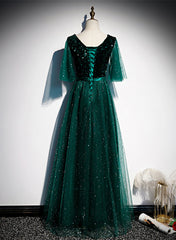 Green V-neckline Shiny Tulle Long Wedding Party Dresses, Green Formal Dresses