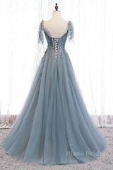 Grey A-line Beaded Appliques Bow Tie Sheer Straps Maxi Formal Dress