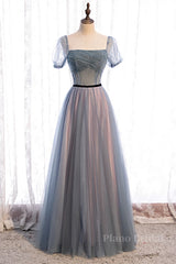 Grey A-line Pleated Beaded Illusion Sleeves Textured Tulle Maxi Formal Dress