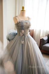 Grey Bow Tie Straps 3D Flowers A-line Long Prom Dress with Bow
