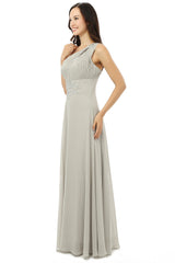 Grey One Shoulder Chiffon Pleats Beading Bridesmaid Dresses LG0254