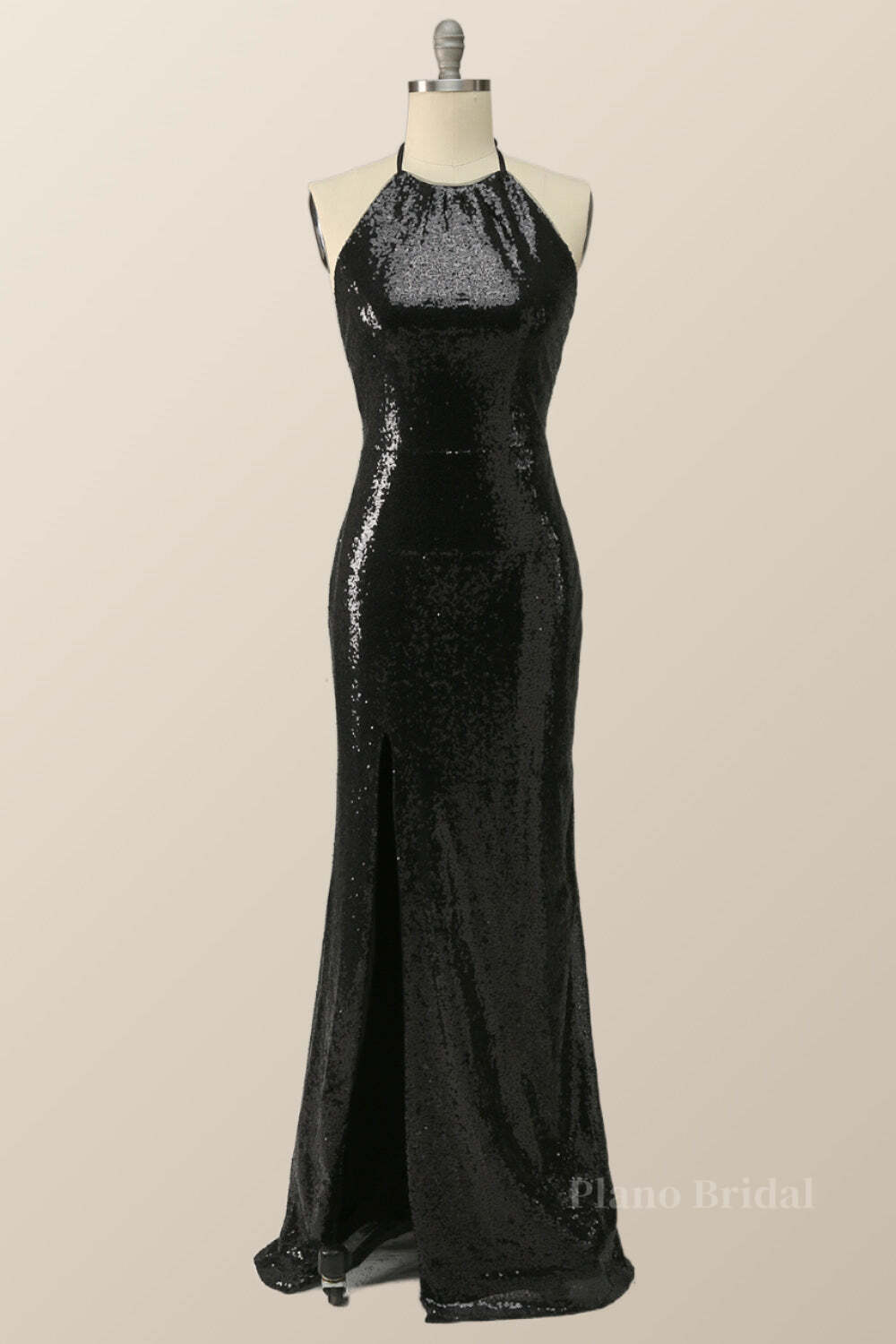 Halter Black Sequin Mermaid Long Formal Dress