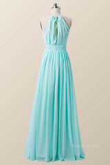 Halter Blue Chiffon Long Bridesmaid Dress