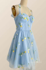 Halter Blue Floral Embroidered Short Princess Dress