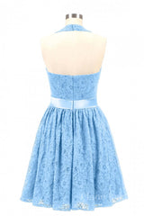 Halter Blue Lace Short A-line Bridesmaid Dress