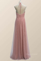 Halter Blush Pink Tulle Long Bridesmaid Dress
