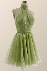 Halter High Neck Moss Green Stars Princess Dresss
