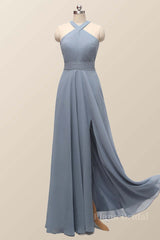 Halter Misty Blue Chiffon A-line Long Bridesmaid Dress