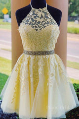 Halter Neck Backless Short Yellow Lace Prom Dress, Yellow Lace Formal Graduation Homecoming Dress