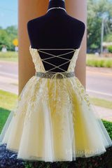 Halter Neck Backless Short Yellow Lace Prom Dress, Yellow Lace Formal Graduation Homecoming Dress